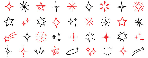 Hand drawn star doodle icon set with sparkle, twinkle, glitter, shine, burst and shooting star shapes in crayon sketch and grunge brush line style vector illustration © aura studio