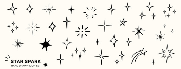 Sparkle star doodle icon collection with twinkle, glitter, shine, flash, burst and shooting star elements hand drawn in marker, crayon and rough brush style vector illustration © aura studio