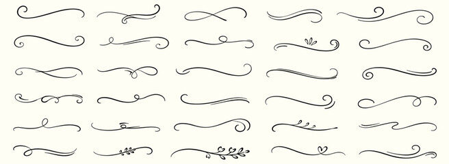 Elegant flourish swash line set with hand drawn calligraphy curves, thin ink strokes, vintage scrolls, curly underlines, ornamental swirls and text decorations. Vector illustration © aura studio