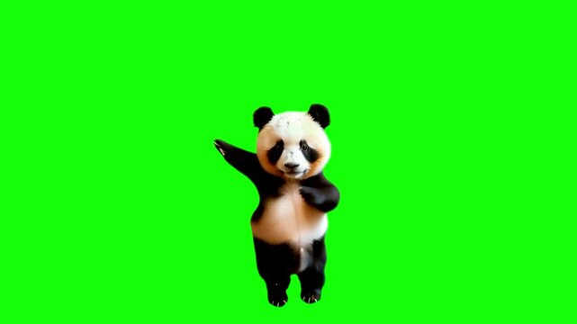 Panda bear stands upright while waving its paw against a solid green background, providing a versatile element for animated storytelling, educational media, or commercial advertising campaigns.