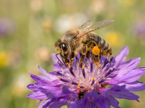 Macro shot of a honey bee collecting nectar and pollen from a purple cornflower in a sunny garden with pollination honeybee wildlife environment agriculture