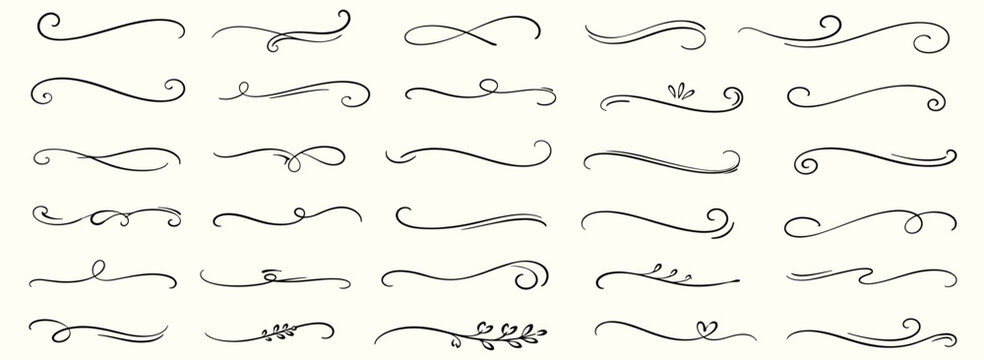 Elegant flourish swash line set with hand drawn calligraphy curves, thin ink strokes, vintage scrolls, curly underlines, ornamental swirls and text decorations. Vector illustration
