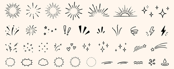 Fototapeta na wymiar Hand Drawn Starburst Ray and Confetti Line Icon Set with Glitter Sparks, Pop Shapes, Surprise Emphasis Marks, Sunshine Bursts and Decorative Sketch Elements. Vector Illustration