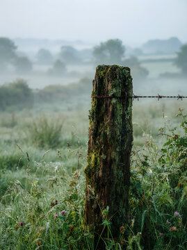 Rustic mossy wooden fence post with barbed wire in a misty countryside meadow at dawn countryside agricultural landscape boundary weathered atmosphere farmland