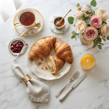 Fresh baked croissants and tea on marble tabletop with floral arrangement and jam croissant breakfast silverware delicacy tableware lifestyle delicious