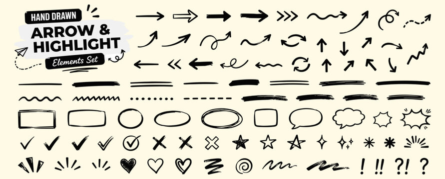 Hand drawn red pen highlight set with marker arrows, underline strokes, check marks, star symbols, circular frames, scribble accents and vector illustration
