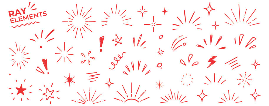 Hand drawn starburst ray and confetti line icon set with glitter sparks, pop shapes, sunshine bursts, surprise accents and decorative sketch vector illustration