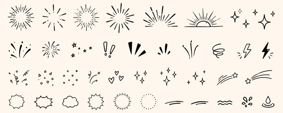 Hand Drawn Starburst Ray and Confetti Line Icon Set with Glitter Sparks, Pop Shapes, Surprise Emphasis Marks, Sunshine Bursts and Decorative Sketch Elements. Vector Illustration