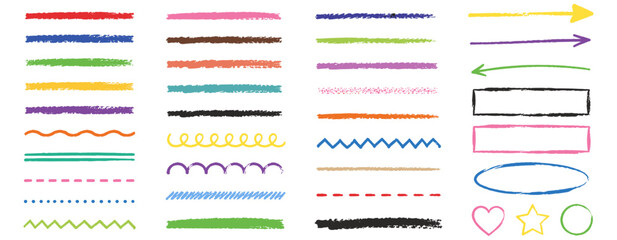 Hand drawn chalk underline brush set with rough crayon strokes, pencil marks, grunge texture, doodle borders, scribble lines and sketch dividers for chalkboard designs. Vector illustration © aura studio