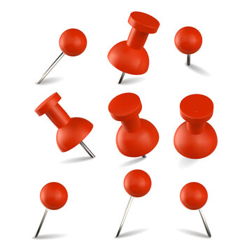 Collection of various red plastic push pins and thumbtacks in different angles and perspectives isolated on a transparent background