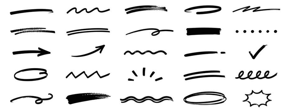 Marker squiggle underline collection with scribbled brush strokes, curved swooshes, wavy emphasis marks and hand drawn highlight lines for lettering and text decoration. Vector illustration