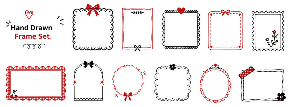 Cute hand drawn frame border set with doodle square, rectangle, scallop, lace, bow and retro stamp shapes for kids photo, scrapbook, invitation and card vector illustration