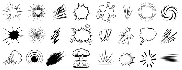 Comic speed line and explosive burst set. Hand drawn cartoon motion strokes, action impact rays, boom energy flash, manga power effects and dynamic doodle elements. Vector illustration © aura studio