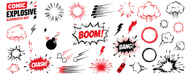 Cartoon explosive speed line collection. Hand drawn comic action rays, motion streaks, boom impact bursts, energetic power flashes, manga fight effects and sketch elements. Vector illustration © aura studio