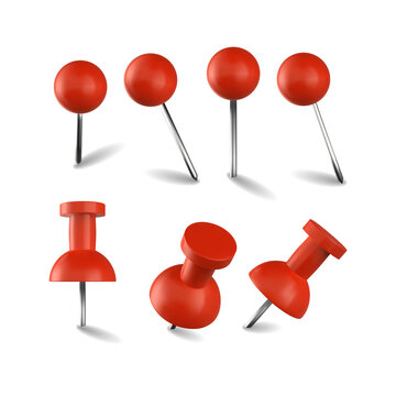 Set of red plastic push pins and round head thumbtacks with metal needles, arranged in various angles and... isolated on a transparent background