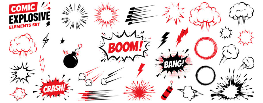 Cartoon explosive speed line collection. Hand drawn comic action rays, motion streaks, boom impact bursts, energetic power flashes, manga fight effects and sketch elements. Vector illustration