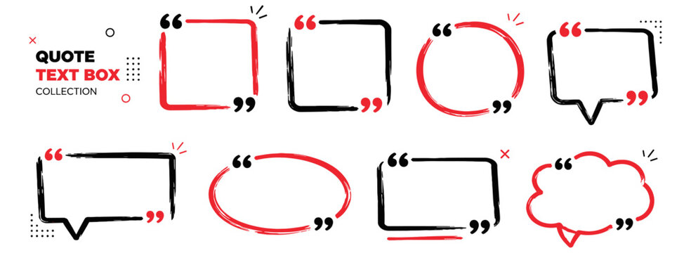 Hand drawn quote frame collection with marker brush text boxes, quotation marks, speech bubbles, square message banners and chat label templates. Vector illustration