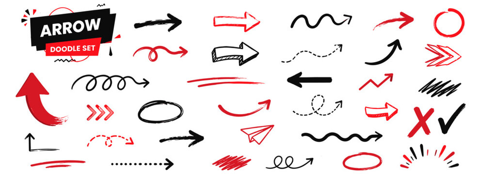 Colorful crayon arrow set with hand drawn pencil lines, chalk strokes, curved arrows, waves, check marks and scribble textures for school notes. Vector illustration