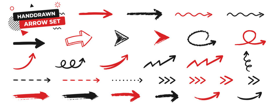 Colorful crayon arrow brush set with hand drawn chalk lines, pencil doodles, scribble curves, check marks, waves, charcoal texture and school note symbols. Vector illustration