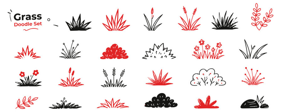 Hand drawn grass doodle line set with meadow, lawn blades, wild flowers, bushes and crayon chalk textures for garden and nature designs. Vector illustration
