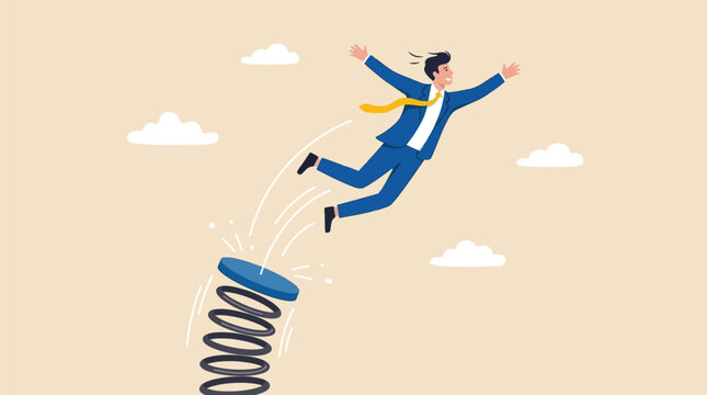 Professional businessman jumps high into the air using a flexible metal spring vector graphic illustration design