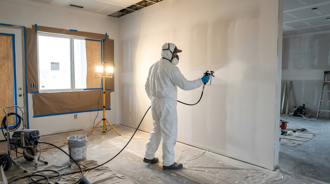 professional airless paint sprayer | home renovation interior wall painting | painter in white protective coveralls | new house construction painting services