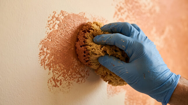 decorative wall sponge painting technique | diy home interior textured paint application | hand using sea sponge for faux finish | painting terracotta plaster texture on wall