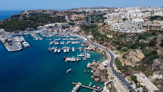 Drone view of Mgarr harbour in Gozo Island, Malta.