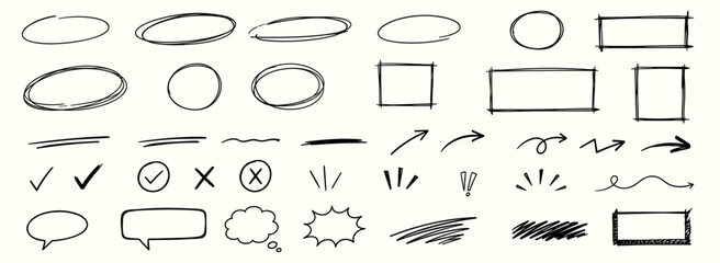 Plakat Hand drawn scribble circle and underline stroke set with black pen doodle arrows, oval rings, rectangle frames and rough highlight marks for dynamic text emphasis vector illustration