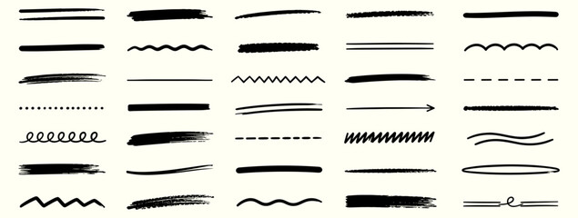 White chalk underline and brush stroke bundle with hand drawn crayon scribbles, rough pencil lines, swooshes and textured highlight accents for blackboard vector illustration © aura studio