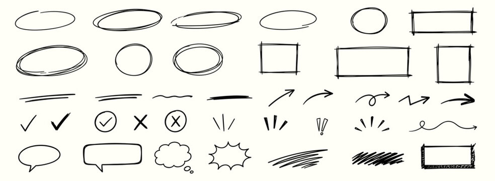 Hand drawn scribble circle and underline stroke set with black pen doodle arrows, oval rings, rectangle frames and rough highlight marks for dynamic text emphasis vector illustration