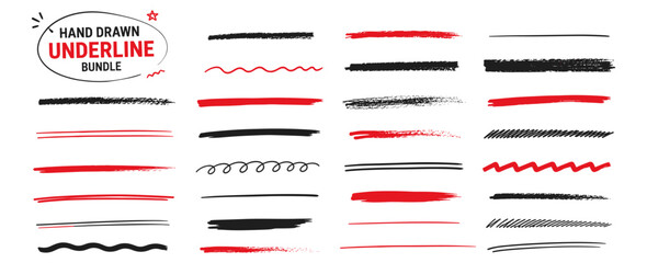 Hand drawn underline stroke bundle with black chalk, pencil, charcoal, crayon and brush scribbles for text highlights, blackboard accents and rough vector design elements © aura studio