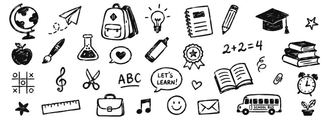Fototapeta na wymiar Back to school chalk doodles on blackboard with hand drawn education icons, books, science symbols, stationery and cute classroom elements in charcoal crayon vector style