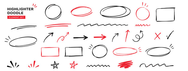 Fototapeta na wymiar Black and red pen circle, underline and doodle arrow strokes, hand drawn highlight marks, rough text emphasis frames, pointers and marker accents in vector bundle