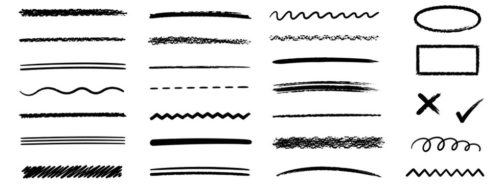 Black brush underline collection with hand drawn chalk, wax crayon, pencil and charcoal strokes for scribble highlights, text emphasis and grunge blackboard vector accents