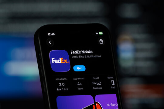 San Francisco, United States - 11 July 2026: App Store page of the FedEx Mobile app is seen on a smartphone screen.