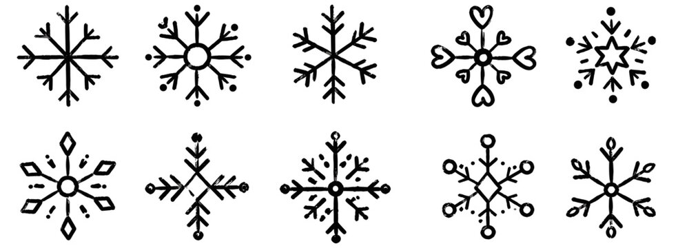 Christmas snowflake doodle set with black wax crayon and charcoal texture, childish hand drawn winter icons for holiday cards, kindergarten crafts and chalkboard designs