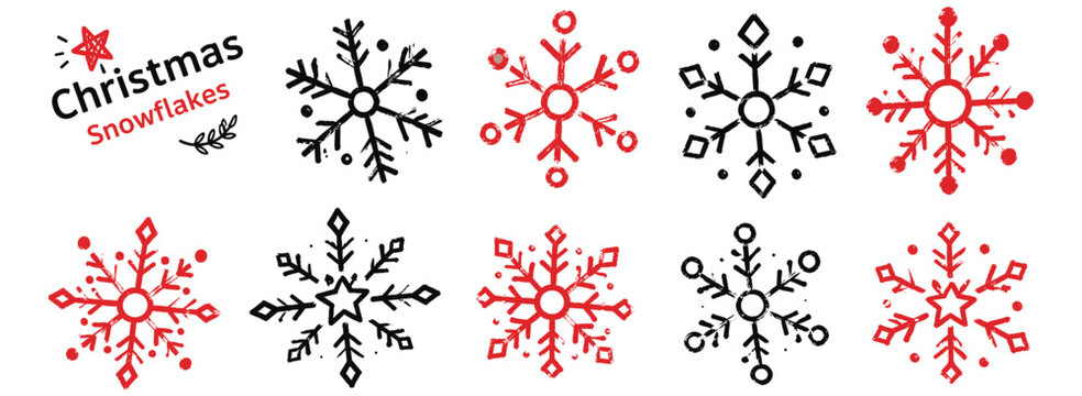 Hand drawn Christmas snowflake set with black wax crayon and charcoal texture, quirky chalkboard winter doodles for kindergarten crafts, holiday cards and festive designs