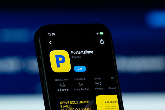 Rome, Italy - 11 July 2026: App Store page of the Poste Italiane app is seen on a smartphone screen.
