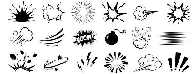 Comic superhero impact effect with boom explosion, punch cloud, speed lines and dynamic action burst, hand drawn cartoon doodle elements for motion scenes vector illustration © aura studio