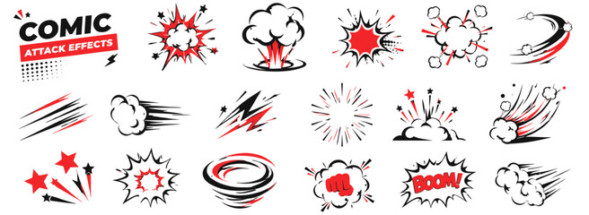 Comic impact effect with boom explosion, puff cloud, action speed lines, punch burst and dynamic doodle elements for vibrant motion scenes. Vector illustration © aura studio