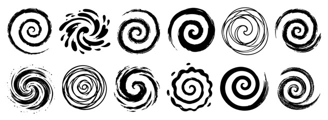 Abstract spiral and swirl collection with round spin motion, crayon chalk charcoal scribble lines, vortex loops and liquid splash doodles for playful blackboard art. Vector illustration © aura studio