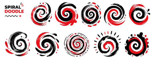 Hand drawn spiral swirl set with circular spin shapes, crayon pastel chalk texture, vortex scribbles, liquid splash loops and playful school blackboard doodles. Vector illustration © aura studio