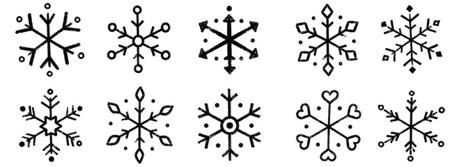 Christmas snowflake set with white wax crayon and charcoal chalk texture, hand drawn winter doodles for kindergarten crafts, holiday cards and blackboard designs. Vector illustration © aura studio