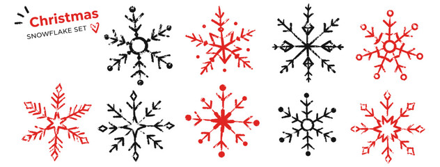 Hand drawn Christmas snowflakes with white crayon, chalk and charcoal texture, quirky winter doodle set for holiday cards, kids crafts and festive blackboard art. Vector illustration © aura studio