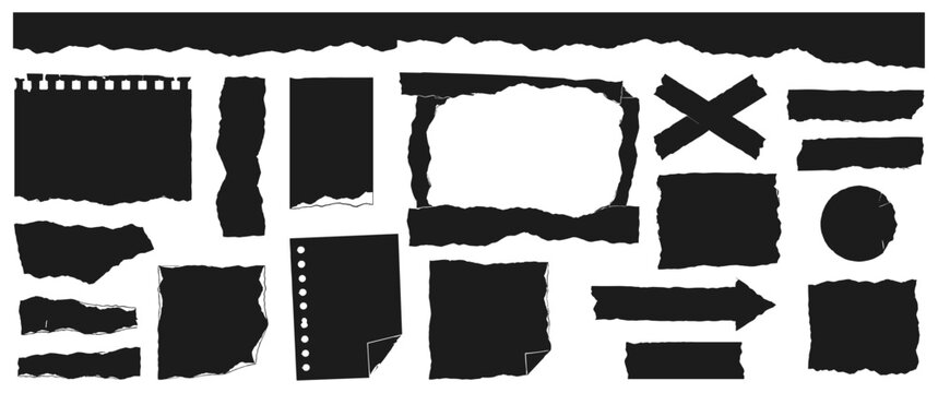 Torn cardboard top border with folded black craft paper texture, ripped kraft strip, jagged edges, crumpled notebook fold and distressed collage frame. Vector illustration