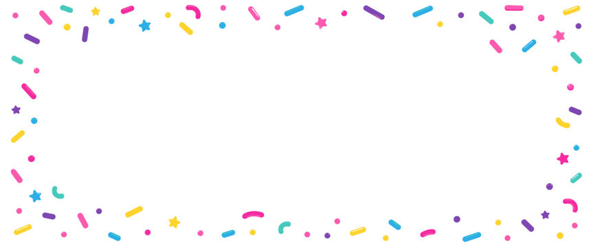 Colorful sprinkle border with rainbow candy confetti, purple, yellow, blue and pink sugar decorations for donut, cupcake, ice cream, muffin and festive dessert designs. Vector illustration