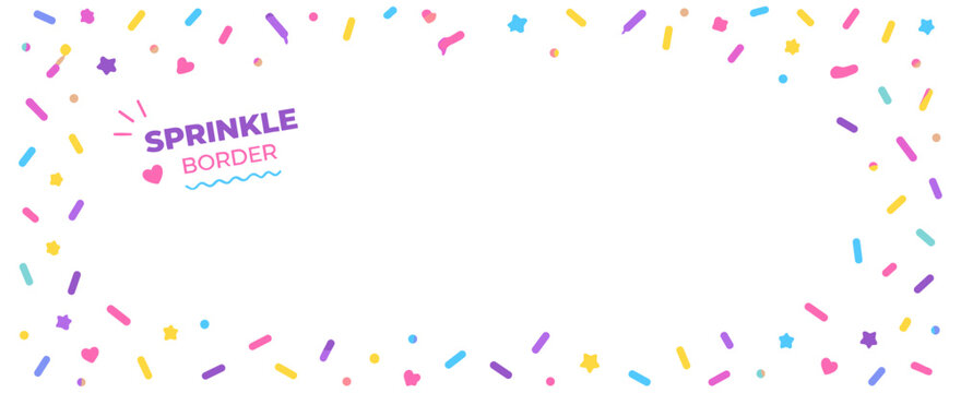 Rainbow candy sprinkle border with colorful confetti, pink, purple, yellow and blue sugar topping for donuts, cupcakes, ice cream, muffins and birthday dessert designs. Vector illustration