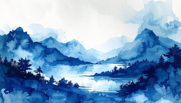 Minimal Japanese Inspired Indigo Watercolor Landscape Background