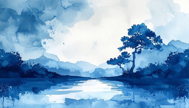 Minimal Japanese Inspired Indigo Watercolor Landscape Background